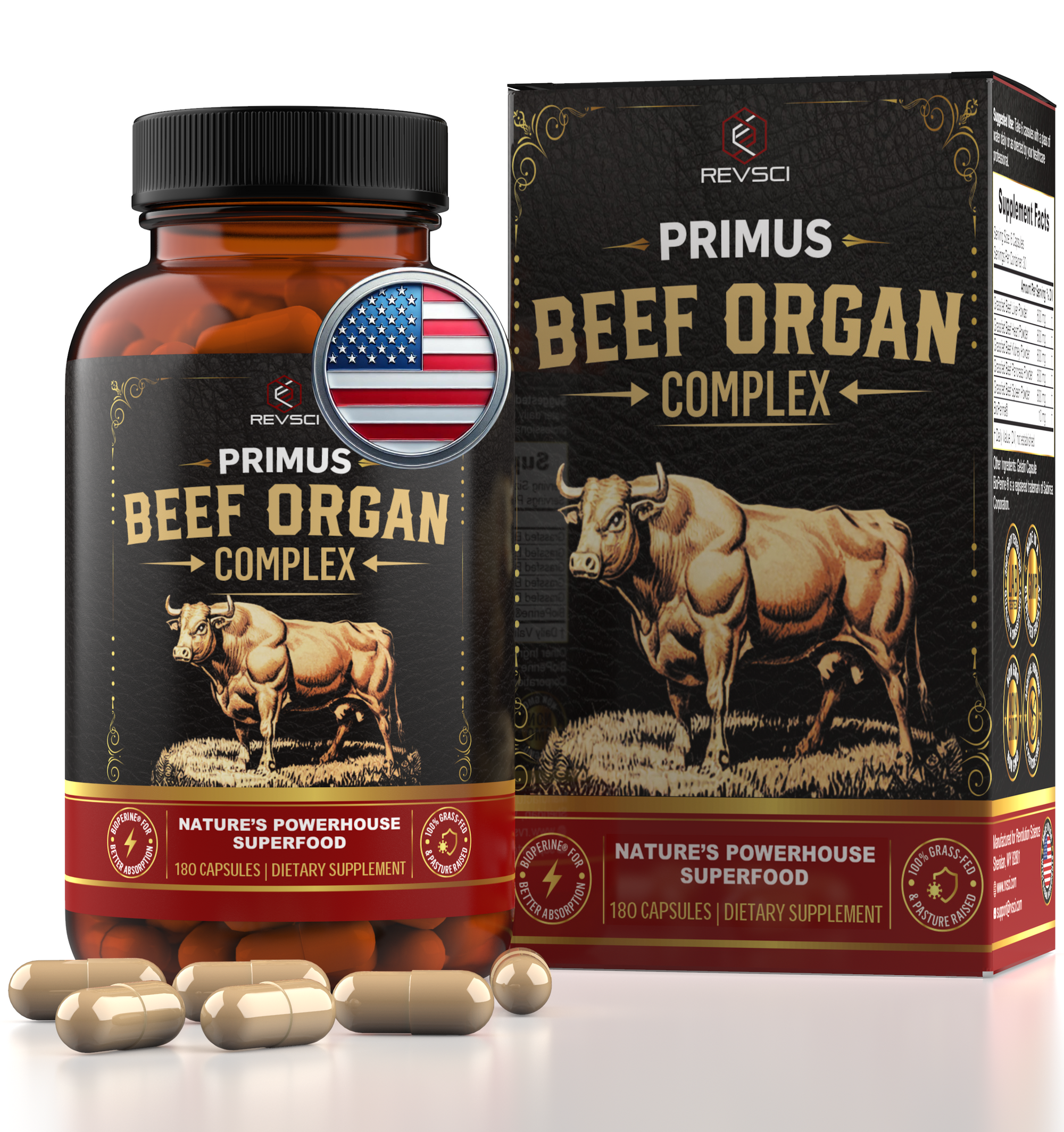 PRIMUS Grass Fed Beef Organ Supplement for Men & Women - Ancestral Blend 5 Organ Complex & BioPerine for Absorption, Vitality, Energy, Recovery, 180 Capsules