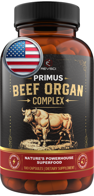Beef Organ Supplement for Men & Women - PRIMUS Grass Fed Beef Liver Capsules with Heart, Primal Ancestral Blend 5 Organ Meat Supplements, Viking Energy Complex, BioPerine for Absorption, 180 Pills