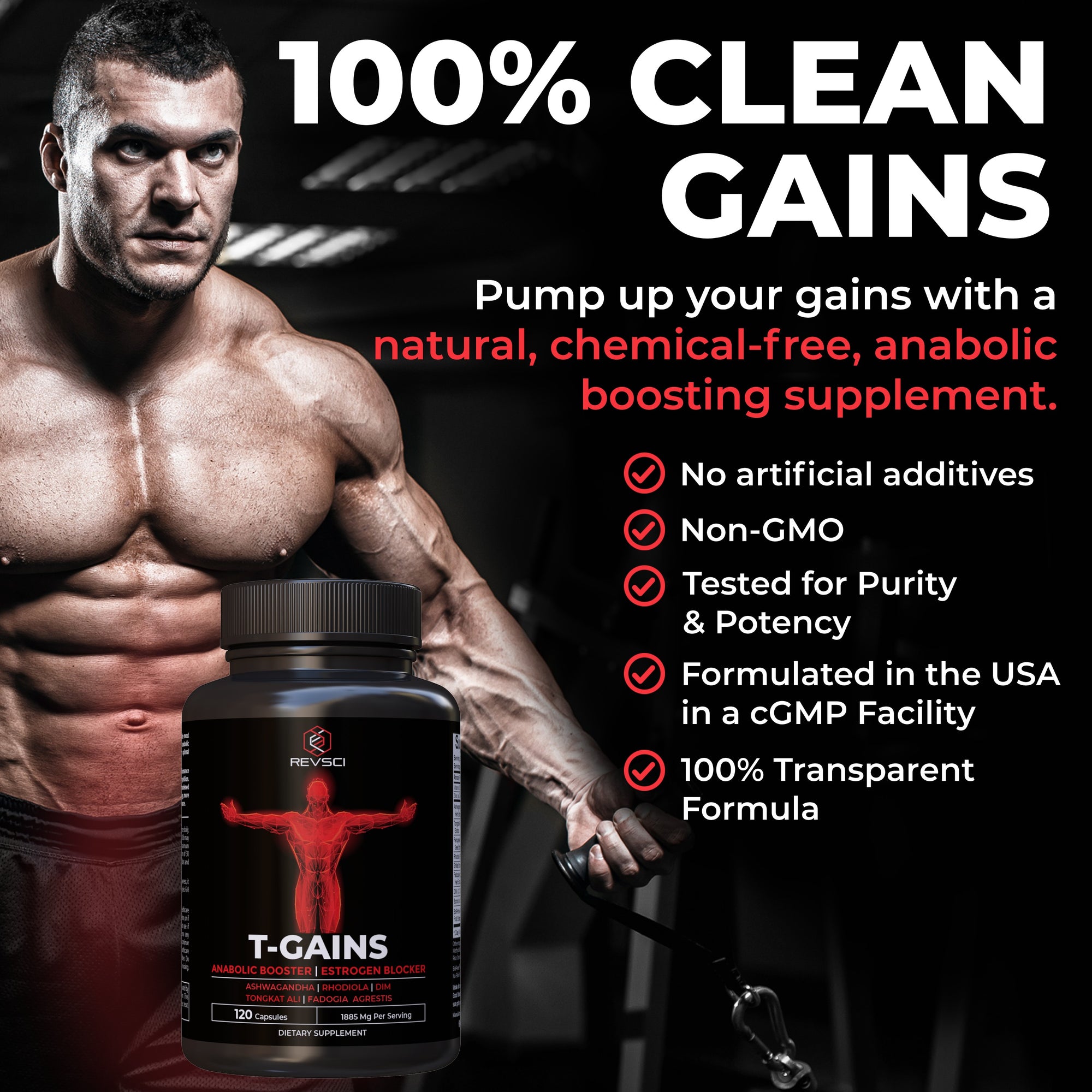 T-GAINS Testosterone Booster for Men for Muscle Growth (120 Caps) - Boosts Endurance, Strength, & Energy - Testosterone Supplement for Men, TRT Test Booster & Estrogen Blocker - HGH Supplements