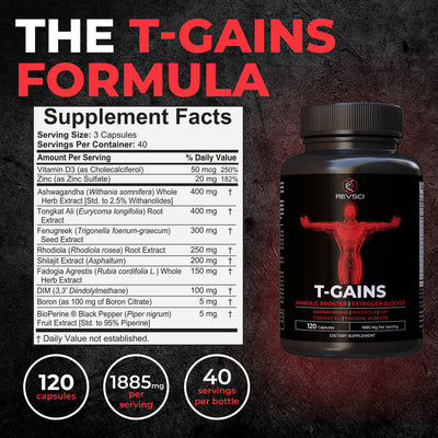 T-GAINS Testosterone Booster for Men for Muscle Growth (120 Caps) - Boosts Endurance, Strength, & Energy - Testosterone Supplement for Men, TRT Test Booster & Estrogen Blocker - HGH Supplements