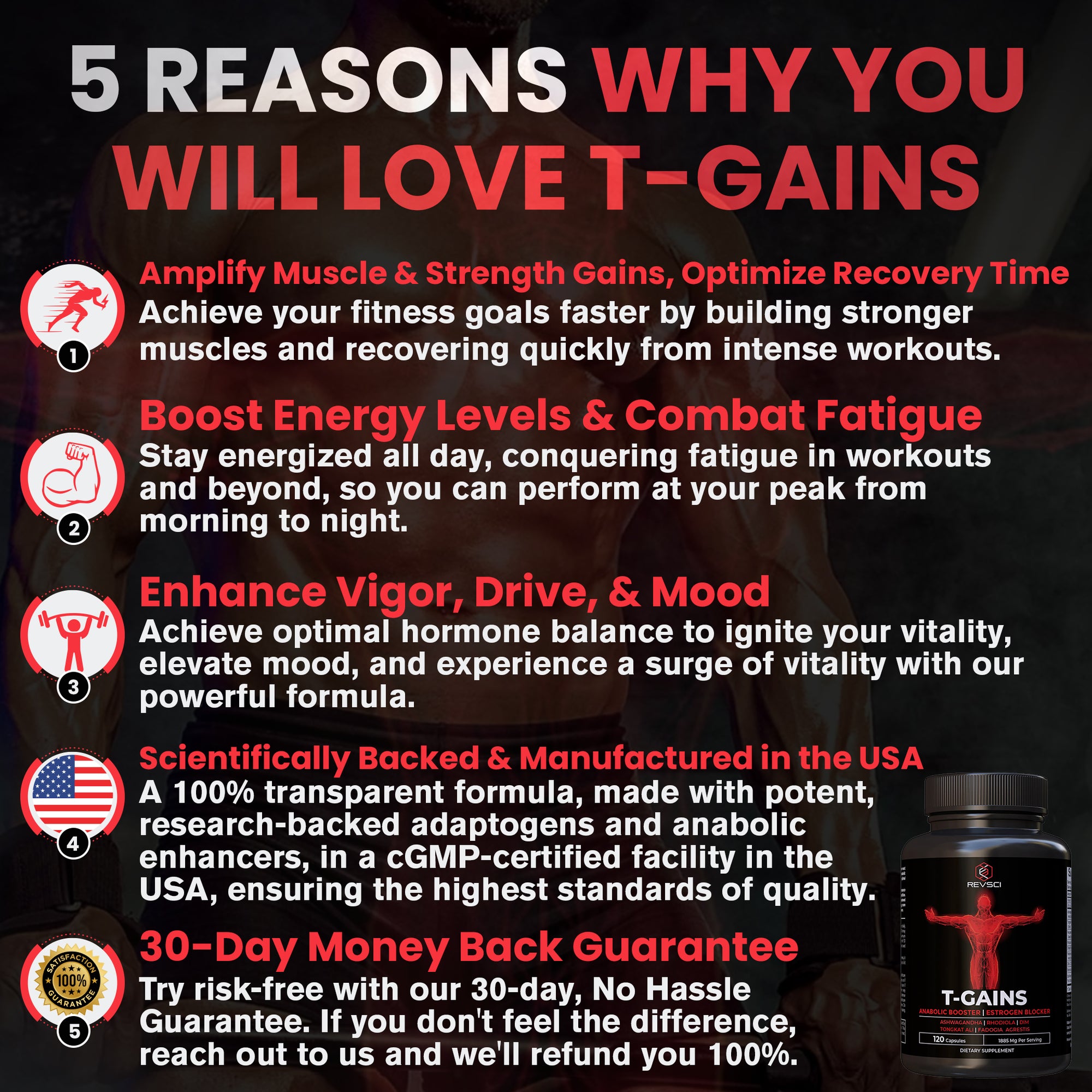 T-GAINS Testosterone Booster for Men for Muscle Growth (120 Caps) - Boosts Endurance, Strength, & Energy - Testosterone Supplement for Men, TRT Test Booster & Estrogen Blocker - HGH Supplements