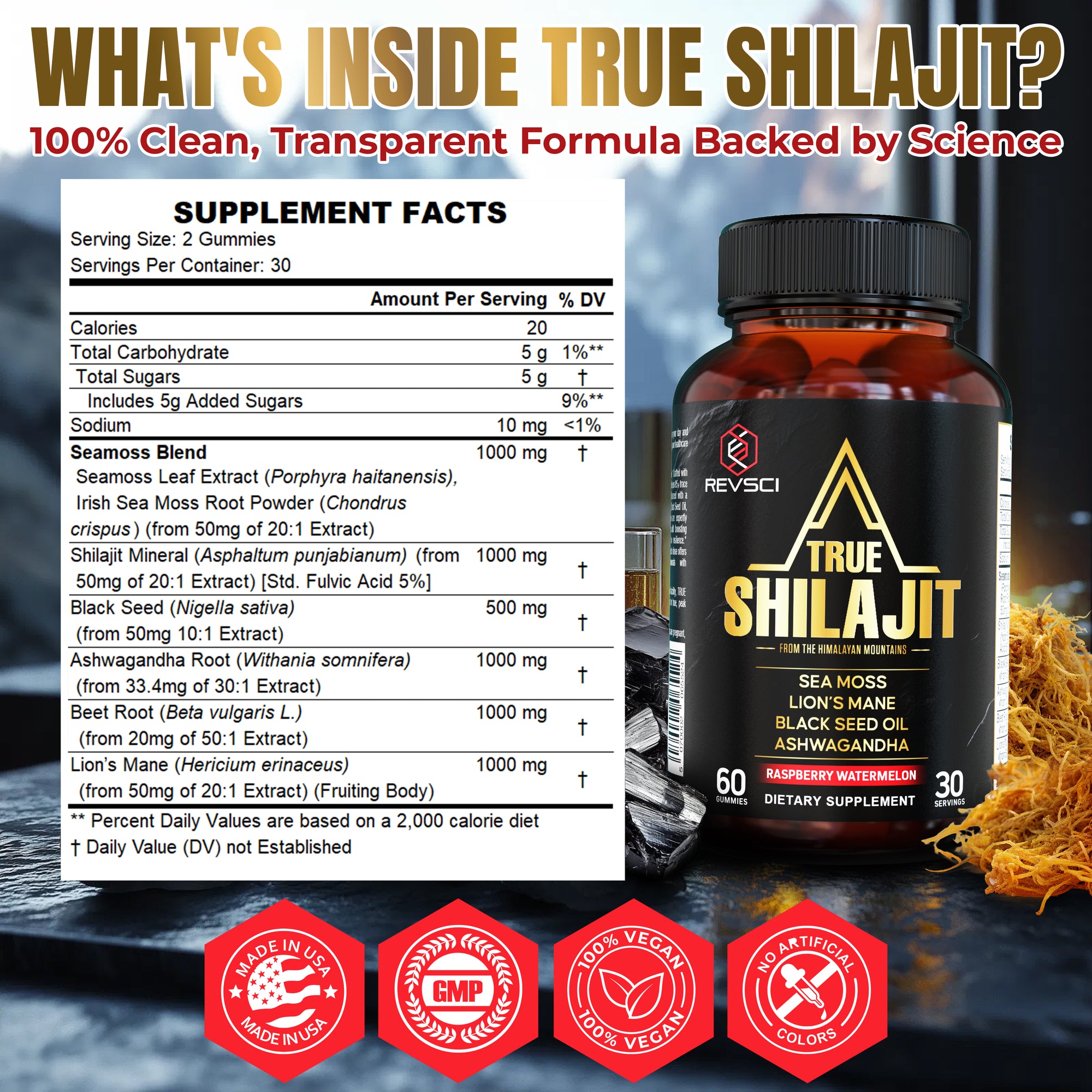 Himalayan Natural Shilajit Gummies for Men – Made in USA, True Gold Pure Himalayan Shilajit for Men Gummies, Energy & Focus Support with Ashwagandha & Sea Moss, Vegan, 60 Count