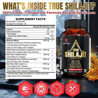 Himalayan Natural Shilajit Gummies for Men – Made in USA, True Gold Pure Himalayan Shilajit for Men Gummies, Energy & Focus Support with Ashwagandha & Sea Moss, Vegan, 60 Count