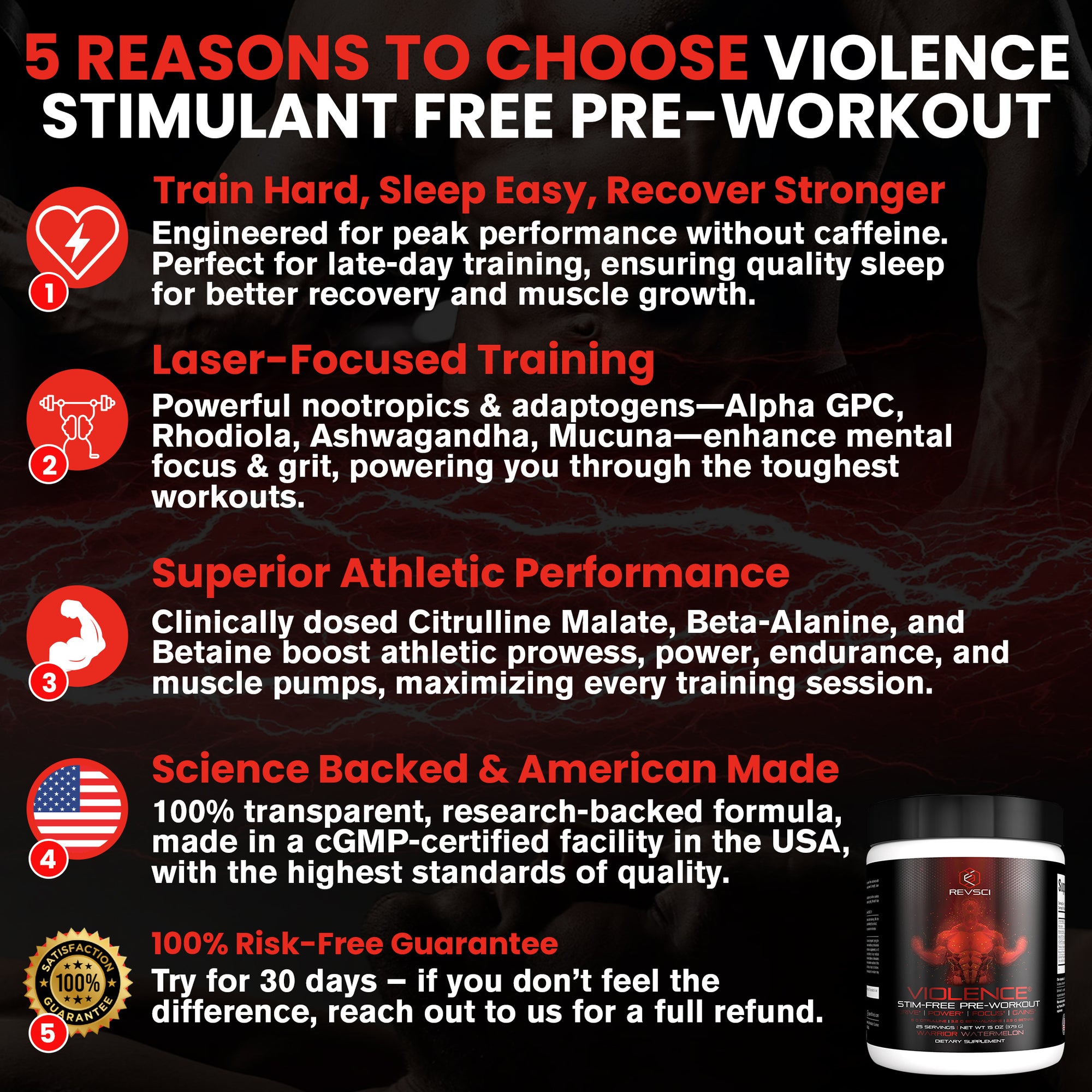 VIOLENCE Stim Free Pre Workout Powder by REVSCI, Precision Dosed Non Stim Preworkout Pump Pre Workout Caffeine Free Pre Workout Powder, Pump Supplement & Stimulant Free Nitric, Watermelon, 25 Servings
