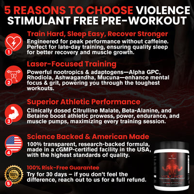 VIOLENCE Stim Free Pre Workout Powder by REVSCI, Precision Dosed Non Stim Preworkout Pump Pre Workout Caffeine Free Pre Workout Powder, Pump Supplement & Stimulant Free Nitric, Watermelon, 25 Servings