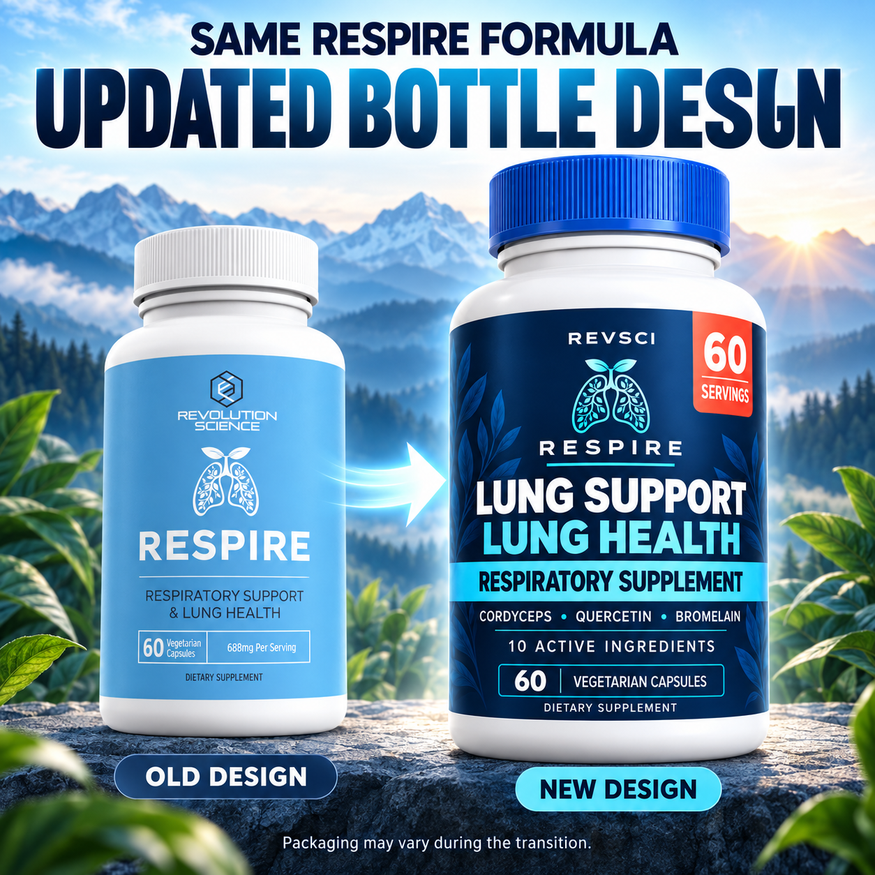 Old light-blue RESPIRE bottle design beside the updated dark-navy REVSCI bottle design