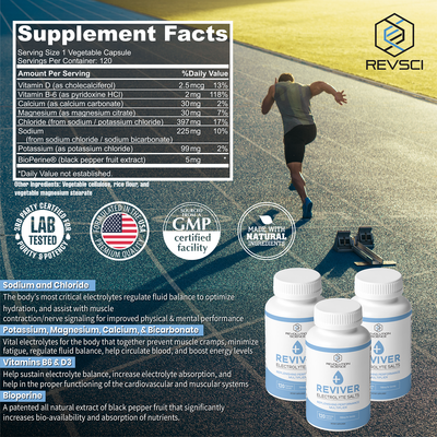 REVIVER Superior Absorption Electrolyte Pills - Salt Tablets for Runners & Fasting Electrolytes Supplement, Sugar-Free Salt Pills for Hydration, Cramp Defense, Keto Support 120, Electrolyte Capsules