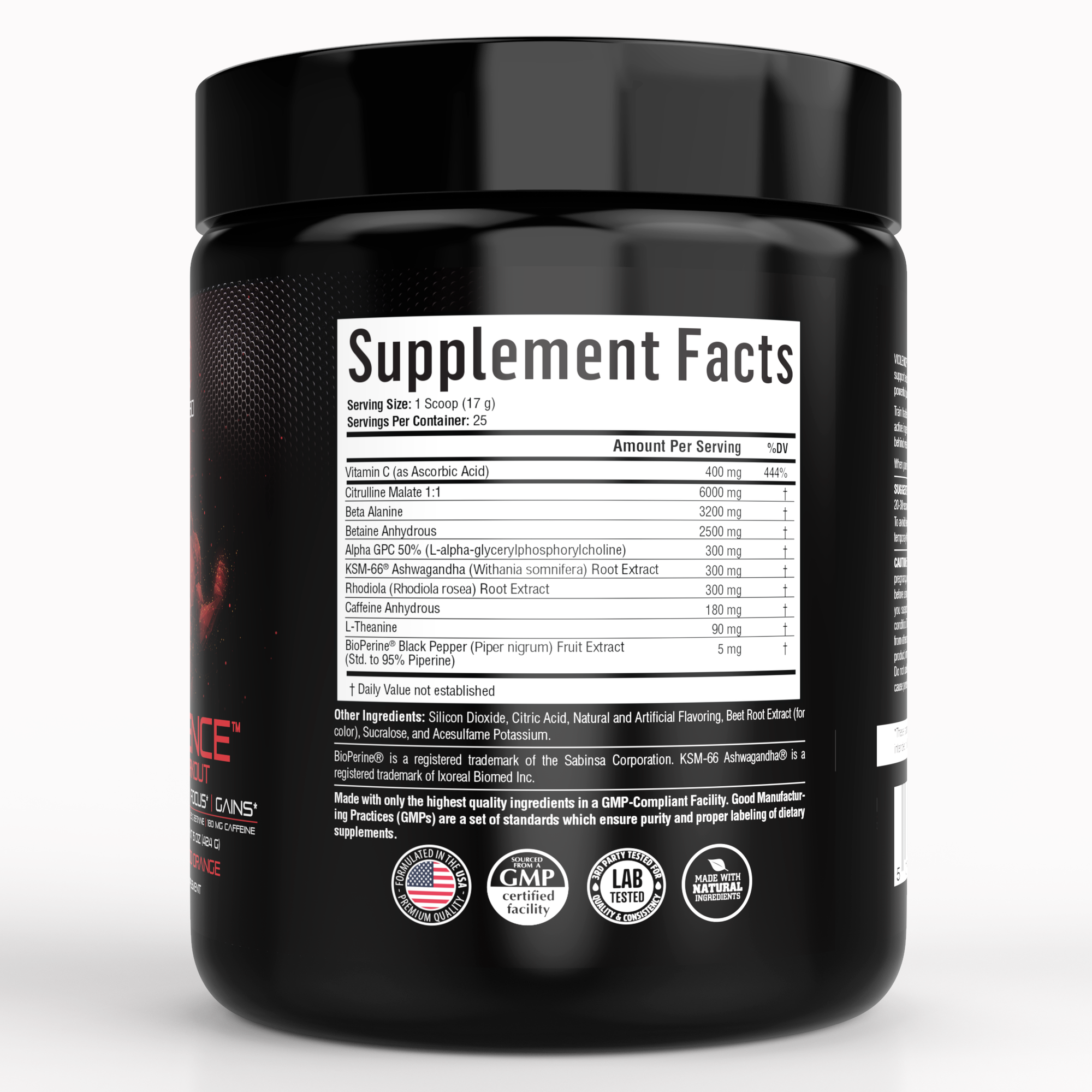 Violence Pre Workout Powder for Men & Women, Clinically Dosed Preworkout, 180 mg Caffeine + L-Theanine, L Citrulline Malate, Beta Alanine, Alpha GPC - 25 Servings, Blood Orange - Energy, Focus & Pump
