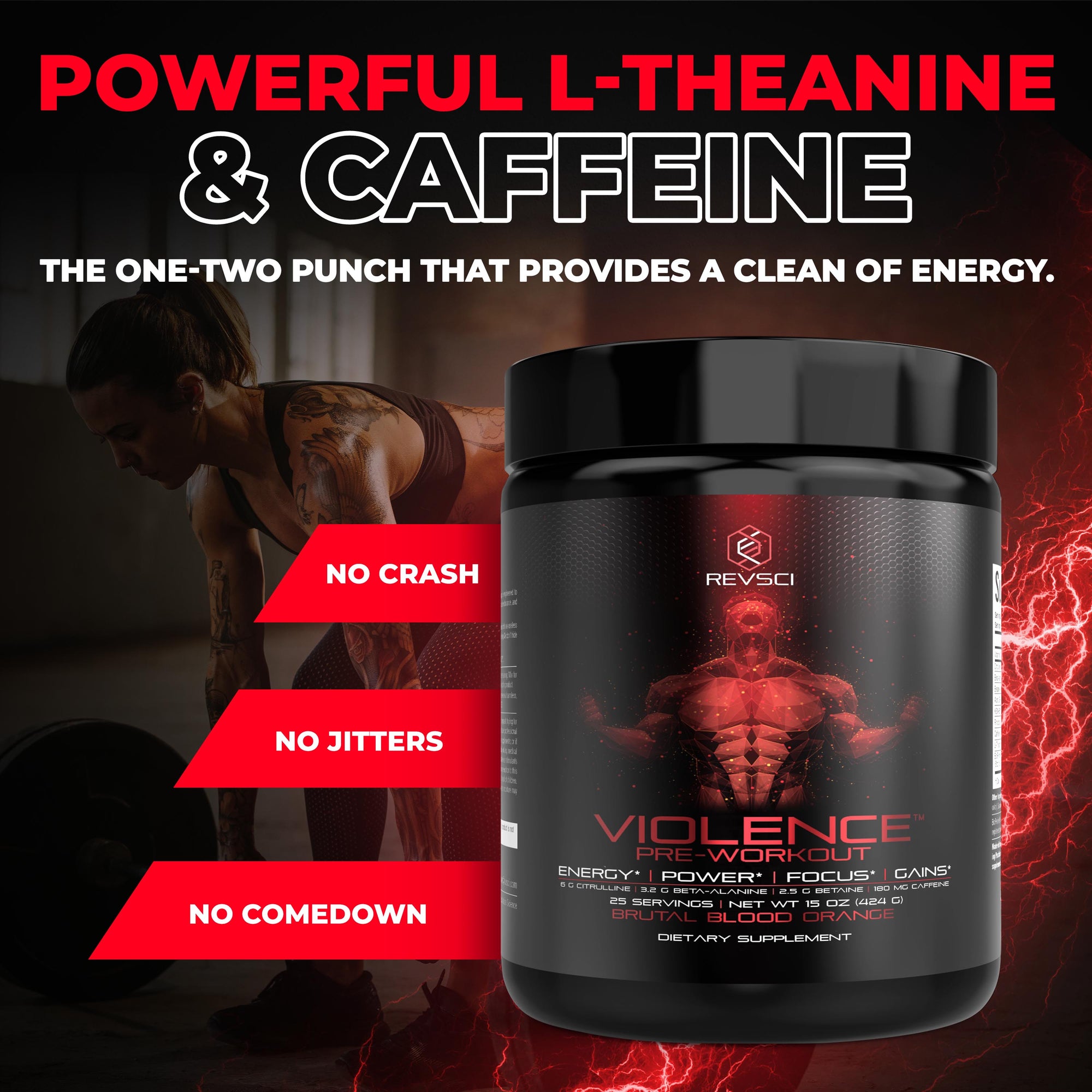 Violence Pre Workout Powder for Men & Women, Clinically Dosed Preworkout, 180 mg Caffeine + L-Theanine, L Citrulline Malate, Beta Alanine, Alpha GPC - 25 Servings, Blood Orange - Energy, Focus & Pump