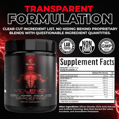 Violence Pre Workout Powder for Men & Women, Clinically Dosed Preworkout, 180 mg Caffeine + L-Theanine, L Citrulline Malate, Beta Alanine, Alpha GPC - 25 Servings, Blood Orange - Energy, Focus & Pump