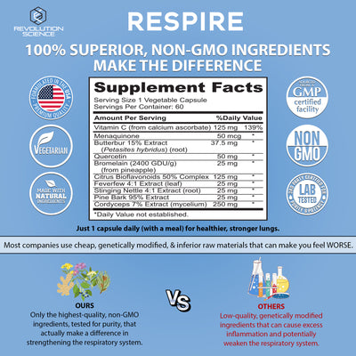 Revolution Science RESPIRE Lung Support Supplement – Super Lungs Complex for Lung Detox & Lung Cleanse Support, Clear Lungs + Bronchial & Sinus Support, 60 Veg Capsules Unit Pack
