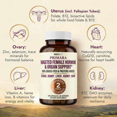 Beef Organs for Women, 60 Day Supply (120 Caps) PRIMARA Beef Organ Supplement for Women - Overy, Uterus, Liver, Kidney, Heart - Superfood to Support Hormone Balance & Energy