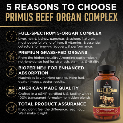 PRIMUS Grass Fed Beef Organ Supplement for Men & Women - Ancestral Blend 5 Organ Complex & BioPerine for Absorption, Vitality, Energy, Recovery, 180 Capsules