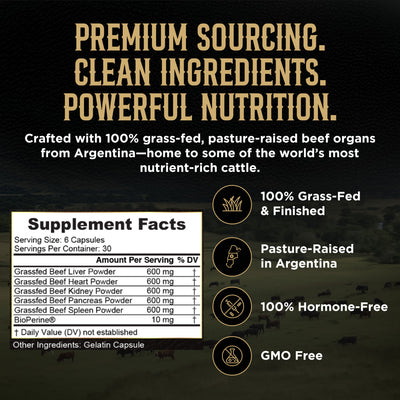PRIMUS Grass Fed Beef Organ Supplement for Men & Women - Ancestral Blend 5 Organ Complex & BioPerine for Absorption, Vitality, Energy, Recovery, 180 Capsules
