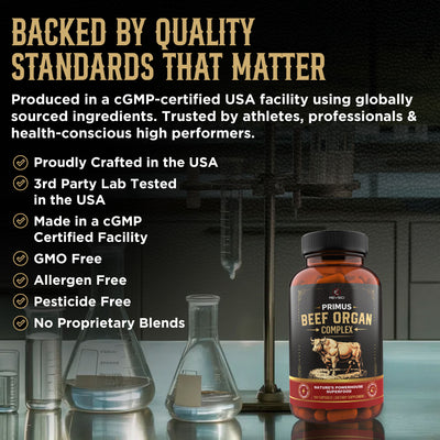 PRIMUS Grass Fed Beef Organ Supplement for Men & Women - Ancestral Blend 5 Organ Complex & BioPerine for Absorption, Vitality, Energy, Recovery, 180 Capsules