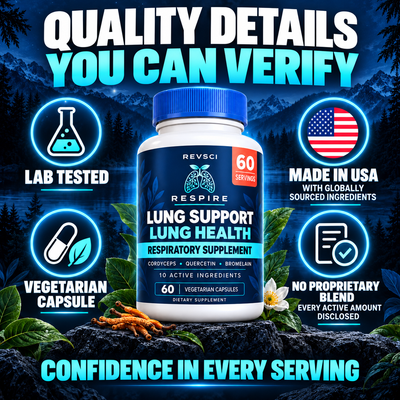 RESPIRE quality details including lab tested and vegetarian capsule
