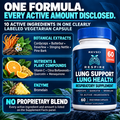 RESPIRE formula grouped into botanical extracts, nutrients and plant compounds, and bromelain, with no proprietary blend