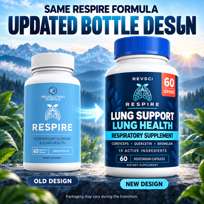Old light-blue RESPIRE bottle design beside the updated dark-navy REVSCI bottle design